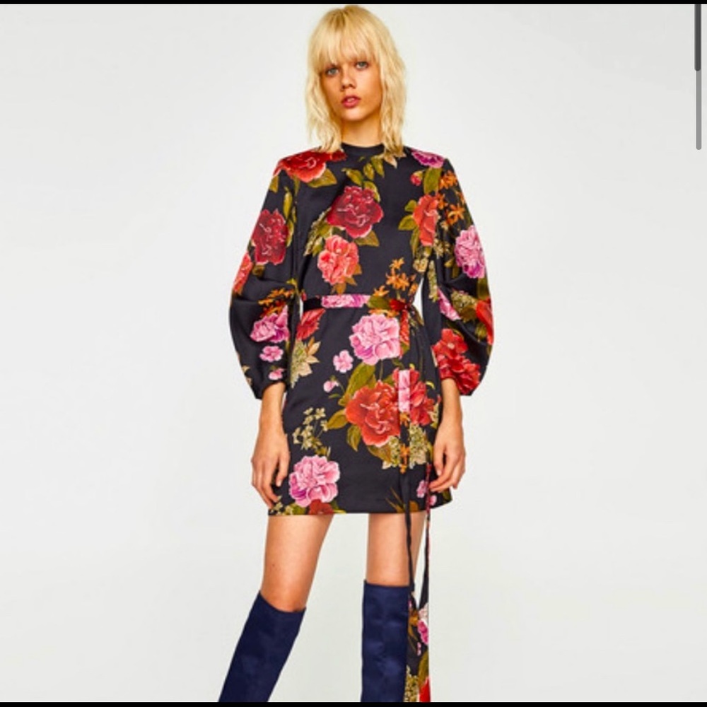 Zara Floral Satin Long Sleeve Mini Dress
